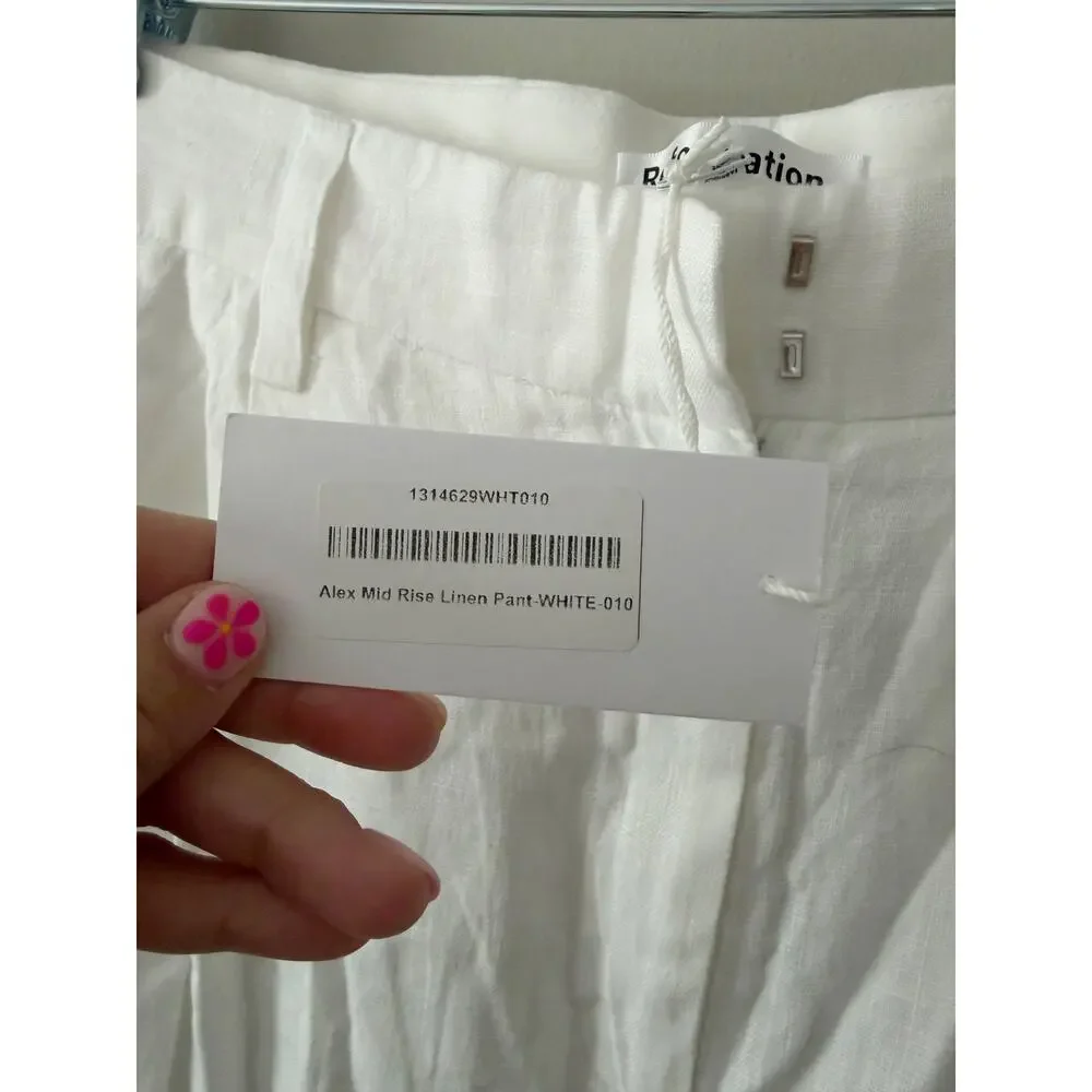NWT Reformation Alex Mid-Rise Linen Trouser Pants White Size 10